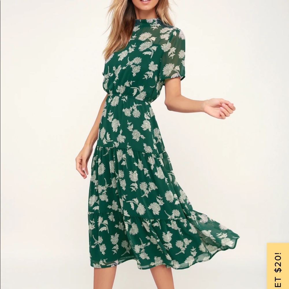 Floral Dressed Up Dark Green Floral Print Midi Dress